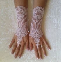 wedding photo - Blush pink ivory frame lace gloves free ship cuff fingerless lace gauntlets bridesmaid pinkish