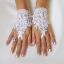 wedding photo - White Wedding gloves adorned beads french lace gloves bridal gloves lace gloves fingerless gloves white gloves alencon lace free ship