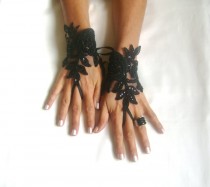 wedding photo - Black Glove gothic lace, FREE SHIP black embroidered with crystal stones gloves bridal gloves fingerless gloves french lace