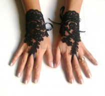 wedding photo - Black Wedding gloves french lace gloves bridal bridesmaid gloves lace gloves fingerless gloves black gloves free ship 266
