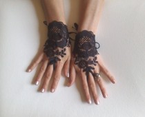 wedding photo - Black tulle lace glove embroidery bridal wedding fingerless burlesque body tattoo romantic bridesmaid glove