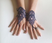 wedding photo - Gothic lace very dark grey smoked gray Wedding gloves bridal gloves fingerless gloves french lace free ship bridesmaid gift tea party