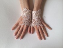 wedding photo - Wedding gloves Champagne bridal gloves fingerless lace gloves french lace gloves free ship cuffs for bride
