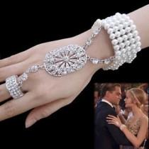 wedding photo - The Great Gatsby Wedding Pearl Stretch Bracelet Ring Set Rhinestone Crystal