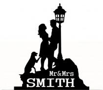 wedding photo -  Wedding Cake Topper Mr and Mrs with bride and groom Silhouette, last name, Dog Silhouette. Removable Spikes and free base for display