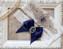 wedding photo - Customizable Garter - Vintage Wedding Garter & Toss w/ Sapphires and Rhinestones on Comfortable Lace, Bridal Garter Set, Crystal Garter Set