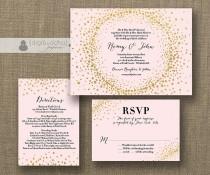 wedding photo - Blush Pink & Gold Glitter Wedding Invitation RSVP Info Card 3 Piece Suite Modern Deco Chic Vintage Glam Sparkle DIY or Printed - Remy