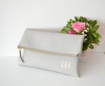 wedding photo - Light grey monogram printed clutch / Personalized clutch bag / Foldover clutch purse / Bridesmaids gift / Wedding accessory