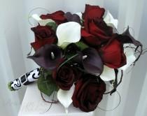 wedding photo - Black baccara rose Wedding bouquet white plum black calla lily Bridal bouquet silk wedding flowers