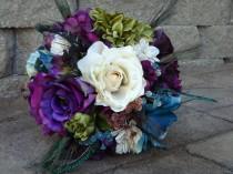 wedding photo - Peacock bridal bouquet, eggplant purple, teal, olive green, ivory roses, dahlias, hydrangeas, peacock feathers