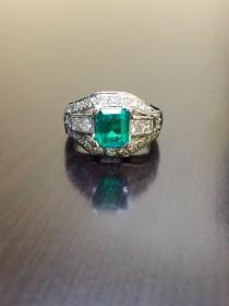 wedding photo - Emerald Engagement Ring - Platinum Diamond Emerald Wedding Ring - Art Deco Emerald Ring - Platinum Ring - Diamond Ring - Colombian Emerald