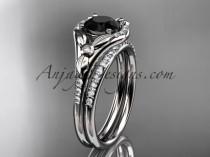 wedding photo -  platinum diamond floral wedding ring, engagement set with a Black Diamond center stone ADLR126S