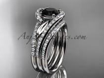 wedding photo -  14k white gold diamond leaf wedding ring with a Black Diamond center stone and double matching band ADLR317S