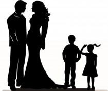 wedding photo -  Custom Wedding Cake Topper , Couple Silhouette and any kid silhouette of your choise UP to 3 kids with free base for display.after the event