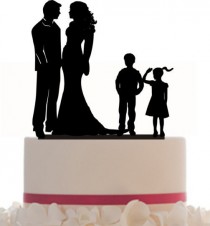 wedding photo - Custom Wedding Cake Topper , Couple Silhouette and any kid silhouette of your choise UP to 3 kids with free base for display.after the event