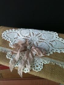 wedding photo - Burlap and Vintage doily Clutch with Vintage jewel