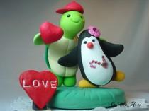 wedding photo - Customise Wedding Cake Topper--Happy Turtle and Penguin Love with Red Heart and Grass Base