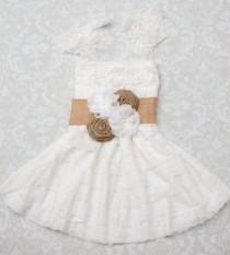 wedding photo - Rustic Flower Girl Dress -Flower Girl Dress- Burlap Flower Girl-White Lace Flower Girl Dress-Junior Bridesmaid Dress-Country Wedding-Hair