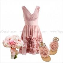 wedding photo -  Blush Pink Nude Deep V Chiffon Bridesmaid Dress/Prom Dress Knee Length Short Dress with Flowers