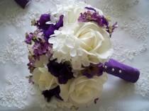 wedding photo - Silk Flower Bridal Bouquet with Realtouch Roses and Purple Silk Anemone