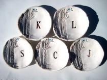 wedding photo - Bridesmaid Gift Dishes Birchwood or Faux Bois with tiny Blue Bird and Initial  Set of Five (5) Dish Set NO. 21