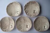 wedding photo - Bridesmaid Gift Dishes Rustic Woodgrain or Faux Bois with Initial  Set of Five (5) Dish Set NO. 13