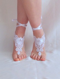 wedding photo - NEW! Bridal white barefoot sandals french lace , wedding anklet, anklet, bridal, wedding, white glove