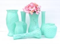 wedding photo - Shabby Chic Vases in Minty Aqua, Set of 7 Vases, Vase Collection for Weddings, Showers, Receptions, Home Decor