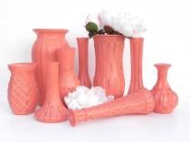 wedding photo - Shabby Chic Coral Vase Collection, Set of 9 Mixed Size Vases, Weddings, Receptions, Showers, Home Decor