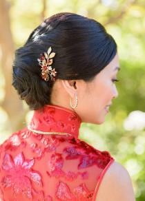 wedding photo - Bridal Hair Pin Red Swarovski Crystals Rhinestones Brass Leaves Flowers Modern Gold Asian Headpiece Chinese Tea Ceremony Wedding Tradition