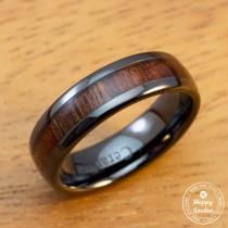 wedding photo - Black Ceramic Ring with Hawaiian Koa Wood Inlay (6mm width, barrel shaped style, comfort fit)