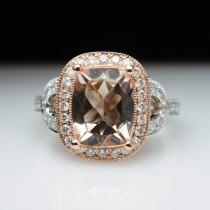 wedding photo - Cushion Cut Morganite & Diamond Halo Engagement Ring in 14k Rose Gold and 14k White Gold Rose Gold Halo Large Morganite Engagement Ring