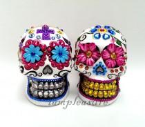 wedding photo - Skull Mexican day of dead weddings cake topper handmade bride and groom
