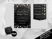 wedding photo -  DIY Printable Wedding Pocket Fold Invitation Set A7 5 x 7 | Editable MS Word file | New Years Heaven White Sparkles Black