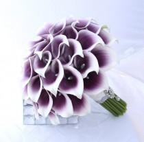 wedding photo - Purple Wedding Bouquet. Real Touch Picasso Cally Lily Bouquet. Elegant Purple Bridal Bouquet Real Touch Mini Calla Lillies