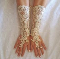 wedding photo - Long champagne gold or Ivory Wedding gloves free ship bridal fingerless french lace arm warmers cuff gauntlets fingerloop, Long lace glove