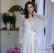 wedding photo - Lace-trimmed Tulle Bridal Robe F10(Lingerie, Nightdress), Bridal Lingerie, Wedding Lingerie, Honeymoon, Sleepwear, Christmas Gifts, For Her
