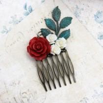 wedding photo - Bridal Hair Comb Deep Red Rose Hair Comb Flower Hair Comb Cream Rose Leaf Rustic Branch Winter Wedding Christmas Accessories Country Chic