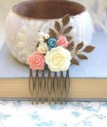 wedding photo - Flower Hair Comb Bridal Flowers for Hair Leaf Rustic Branch Comb Rose Comb Wedding Hair Accessories Pink Peach Coral Rose Cream Bridal Comb