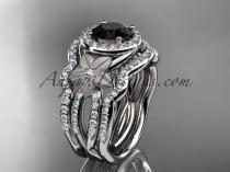 wedding photo -  platinum diamond floral wedding ring, engagement ring with a Black Diamond center stone and double matching band ADLR127S