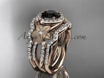 wedding photo -  14kt rose gold diamond floral wedding ring, engagement ring with a Black Diamond center stone and double matching band ADLR127S