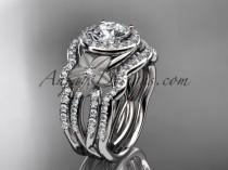 wedding photo -  14kt white gold diamond floral wedding ring, engagement ring with a "Forever One" Moissanite center stone and double matching band ADLR127S