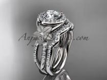 wedding photo -  platinum diamond floral wedding ring, engagement set with a "Forever One" Moissanite center stone ADLR127S
