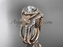 wedding photo -  14kt rose gold diamond floral wedding ring, engagement set with a "Forever One" Moissanite center stone ADLR127S