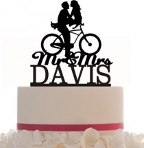 wedding photo - Wedding Cake Topper Mr and Mrs hair down with a bicycle silhouette, your last name, choice of color and a FREE base for display