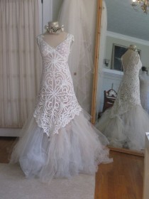 wedding photo - Mermaid Tulle Antique Lace Wedding Gown