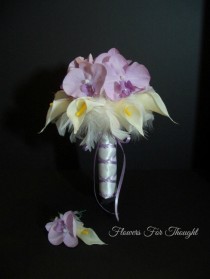 wedding photo - Orchid Bouquet with Callas and Feathers, FFT Design, Silk Pink Purple Phalaenopsis Bridal Wedding Flowers, Made to Order