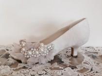 wedding photo - Custom Peep Toe Lace Low Heel Ivory Bridal Special Occasion Shoe Bride All Lace Pearl Rhinestone