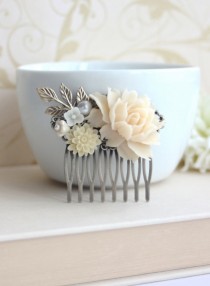 wedding photo - Soft Ivory Flowers, Ivory Chrysanthemum, Pearl, Brass Leaf Flower Wedding Hair Comb. Bridesmaids Gift Comb, Woodland Country Nature Wedding