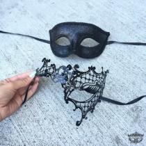 wedding photo - Masquerade Mask, Couples Set, His & Hers Classic Phantom Masquerade Masks, Laser Cut Masquerade Mask with Rhinestones, [Opposite Opening]